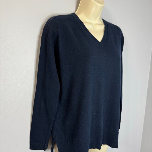 Lisa Todd Patch V-Neck Cotton/Cashmere Sweater Sequin Elbow Patches Navy XS - Picture 6 of 14